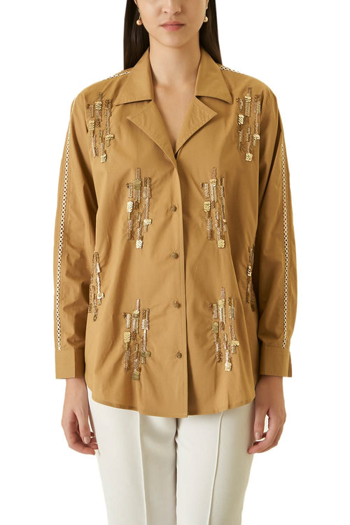 Beige Brown Shirt With Sequins Work