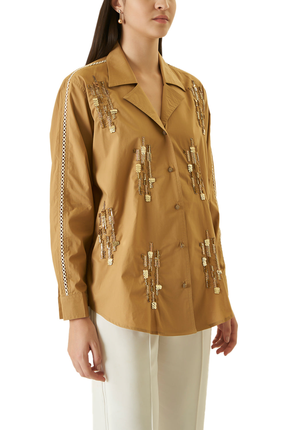 Beige Brown Shirt With Sequins Work