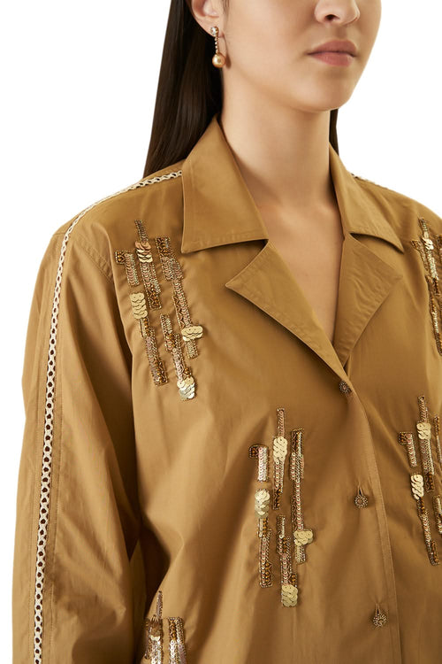 Beige Brown Shirt With Sequins Work