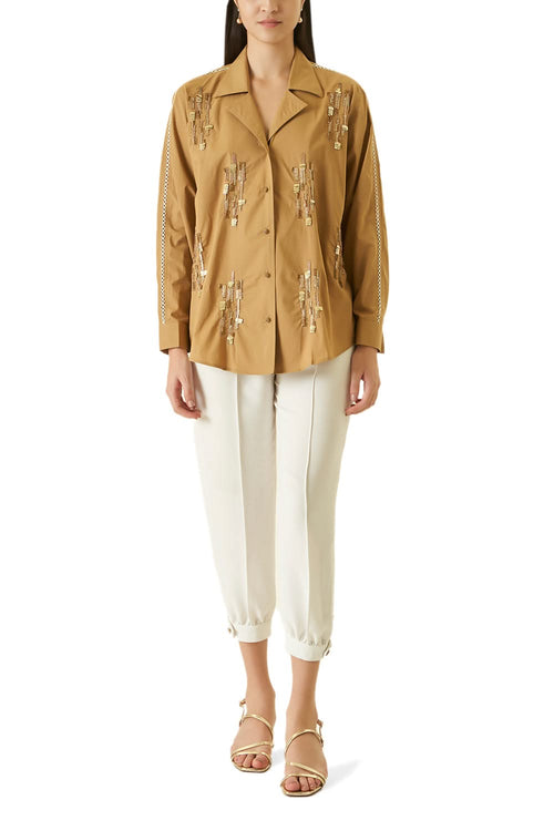 Beige Brown Shirt With Sequins Work