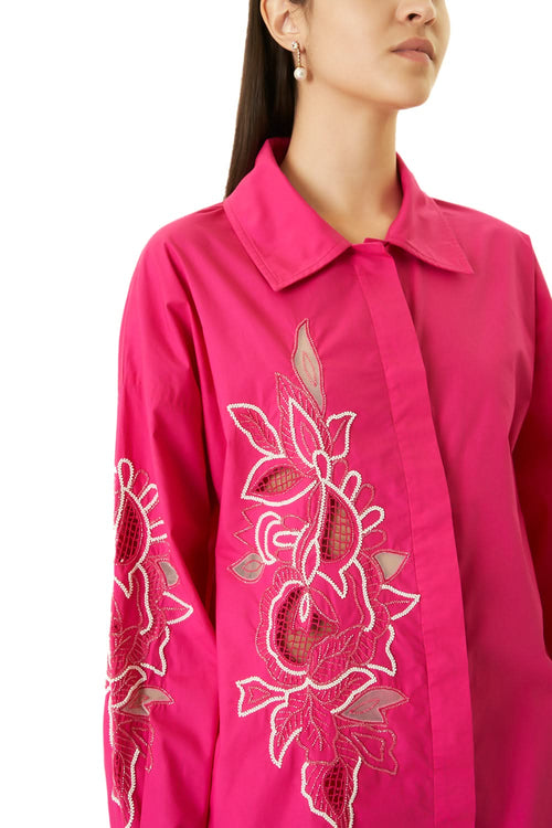Pink Cutwork Shirt With Shorts Co-ord Set