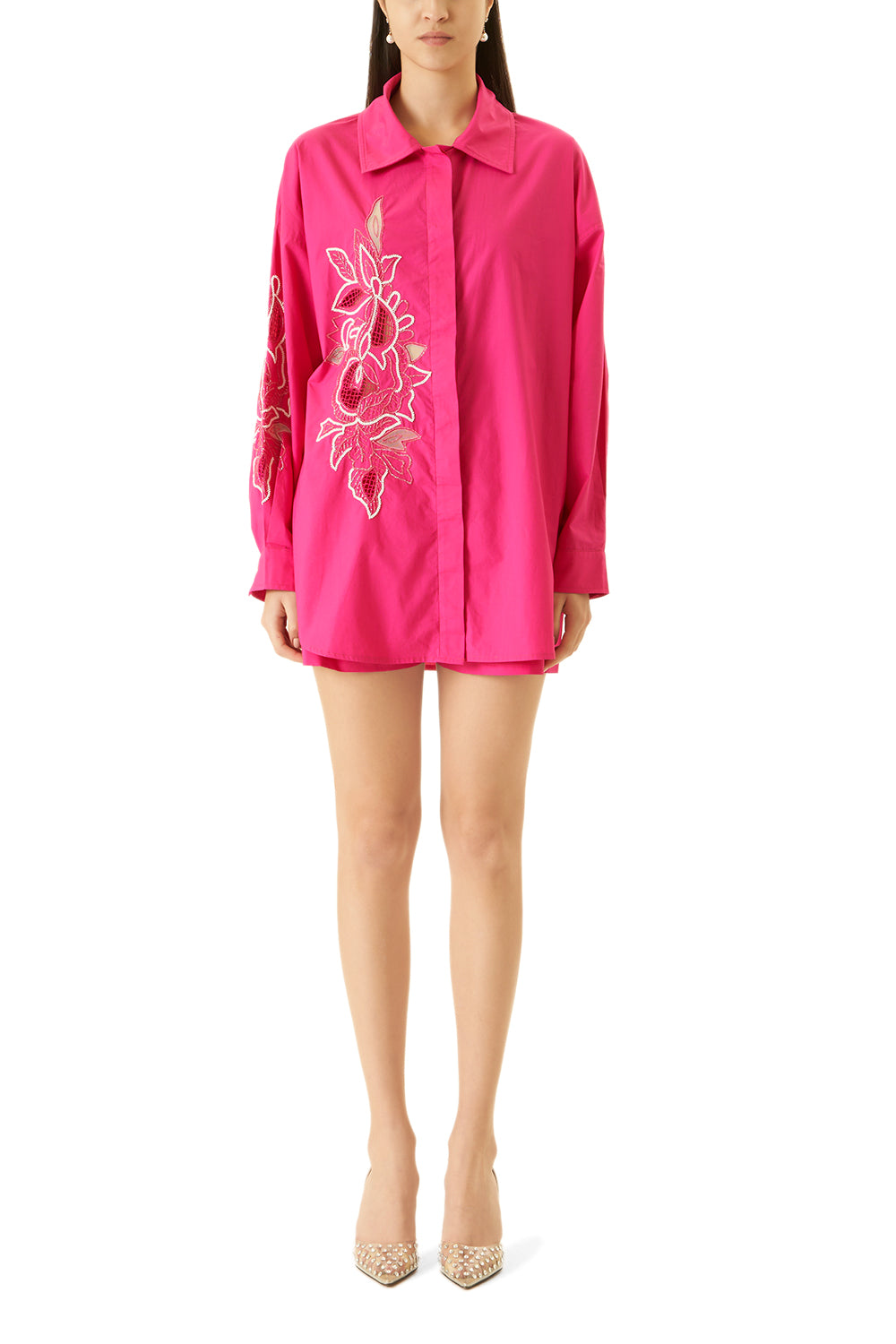 Pink Cutwork Shirt With Shorts Co-ord Set