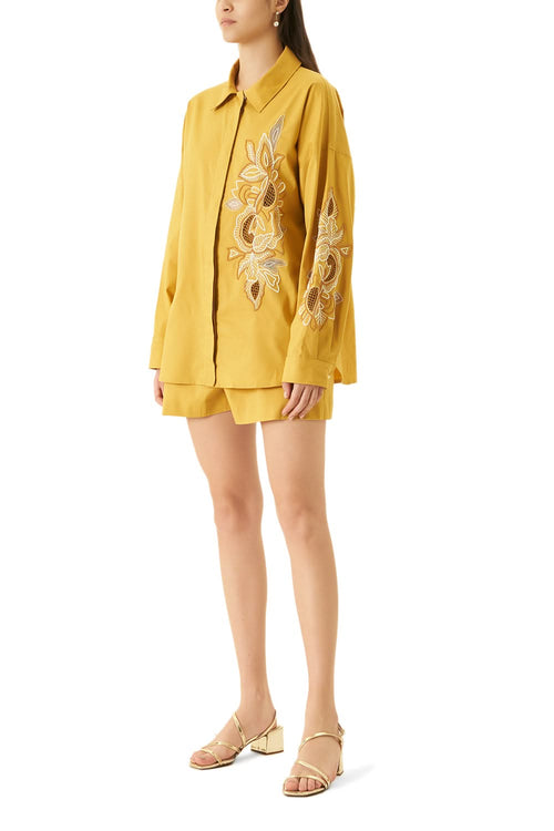 Yellow Cutwork Shirt With Shorts Co-ord Set