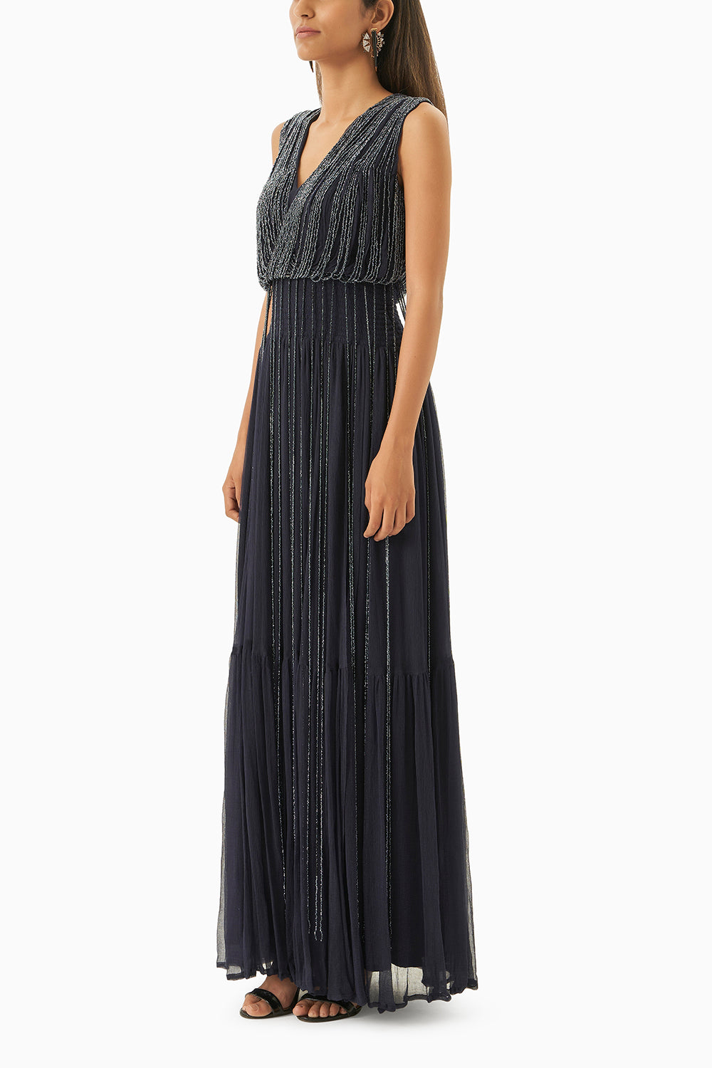 Midnight Blue Maxi Dress With Crystal Strings