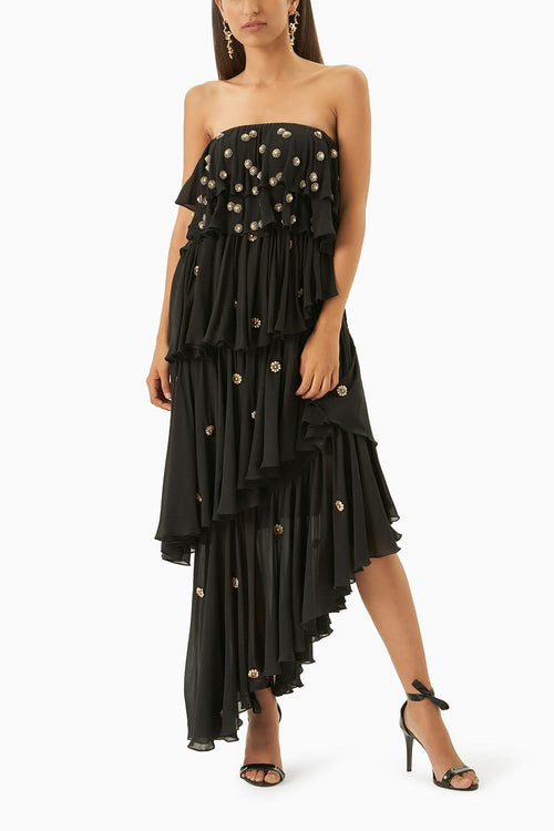 Black Midi Tube Dress With Gold Embellishments