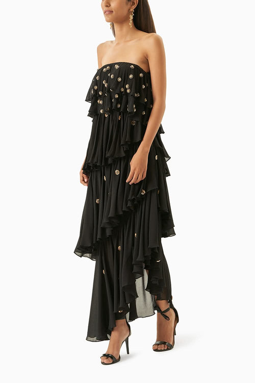 Black Midi Tube Dress With Gold Embellishments