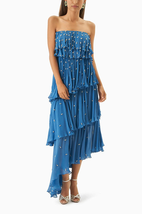 Blue Midi Tube Dress With Gold Embellishments