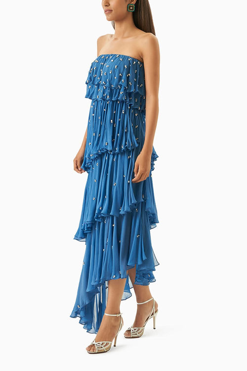 Blue Midi Tube Dress With Gold Embellishments