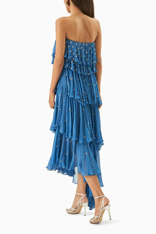 Blue Midi Tube Dress With Gold Embellishments