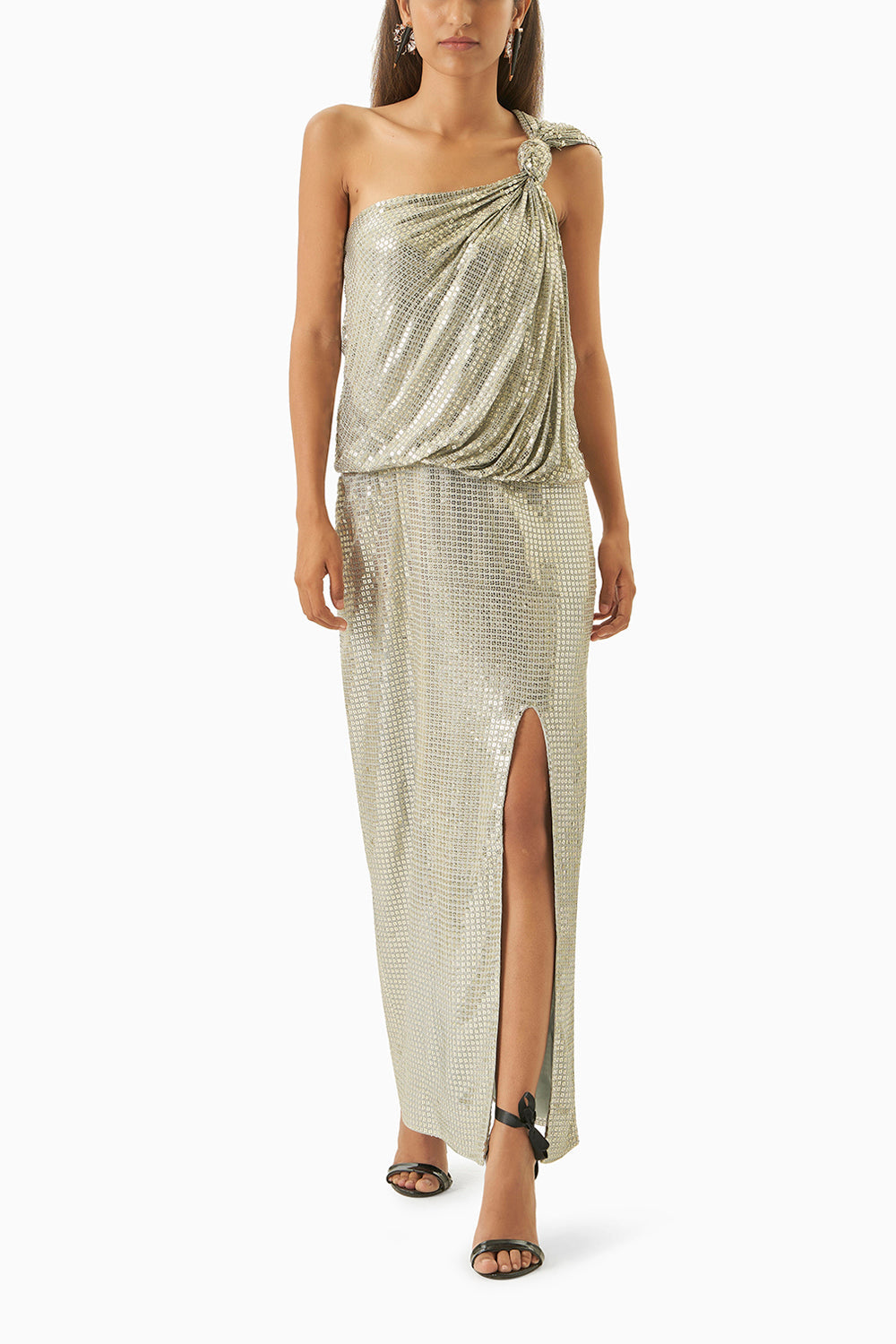 Silver One Shoulder Knotted Sequinned Midi Dress