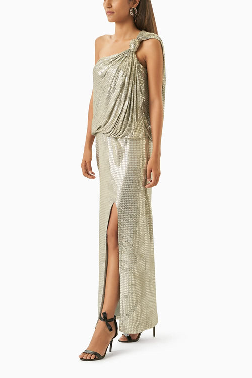 Silver One Shoulder Knotted Sequinned Midi Dress