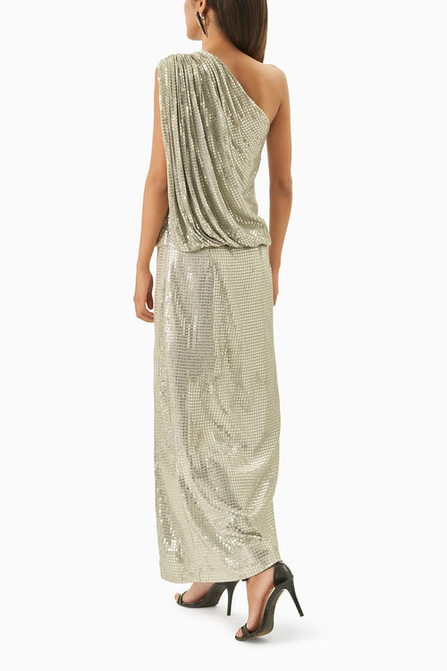 Silver One Shoulder Knotted Sequinned Midi Dress
