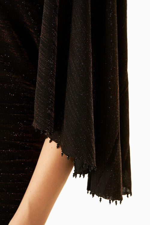 Brown Peacock Jersey Dress With Copper Embellishments