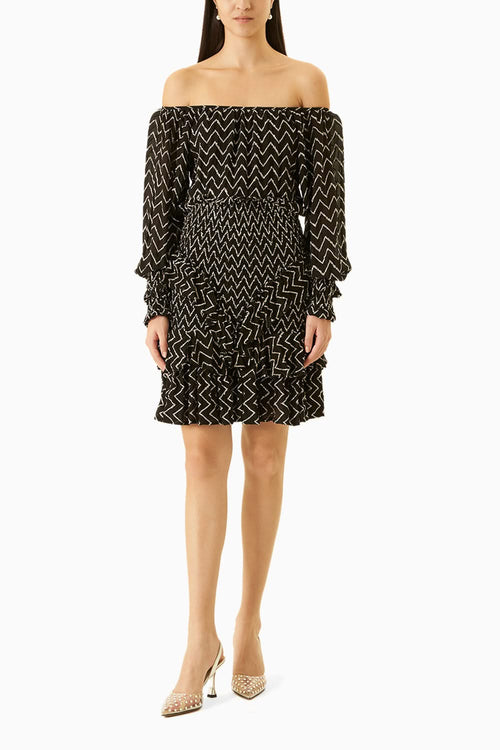 Chevron Off-Shoulder Ruched Dress With Sequins