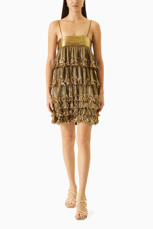 Gold Pleated Foil Dress With Embellishments
