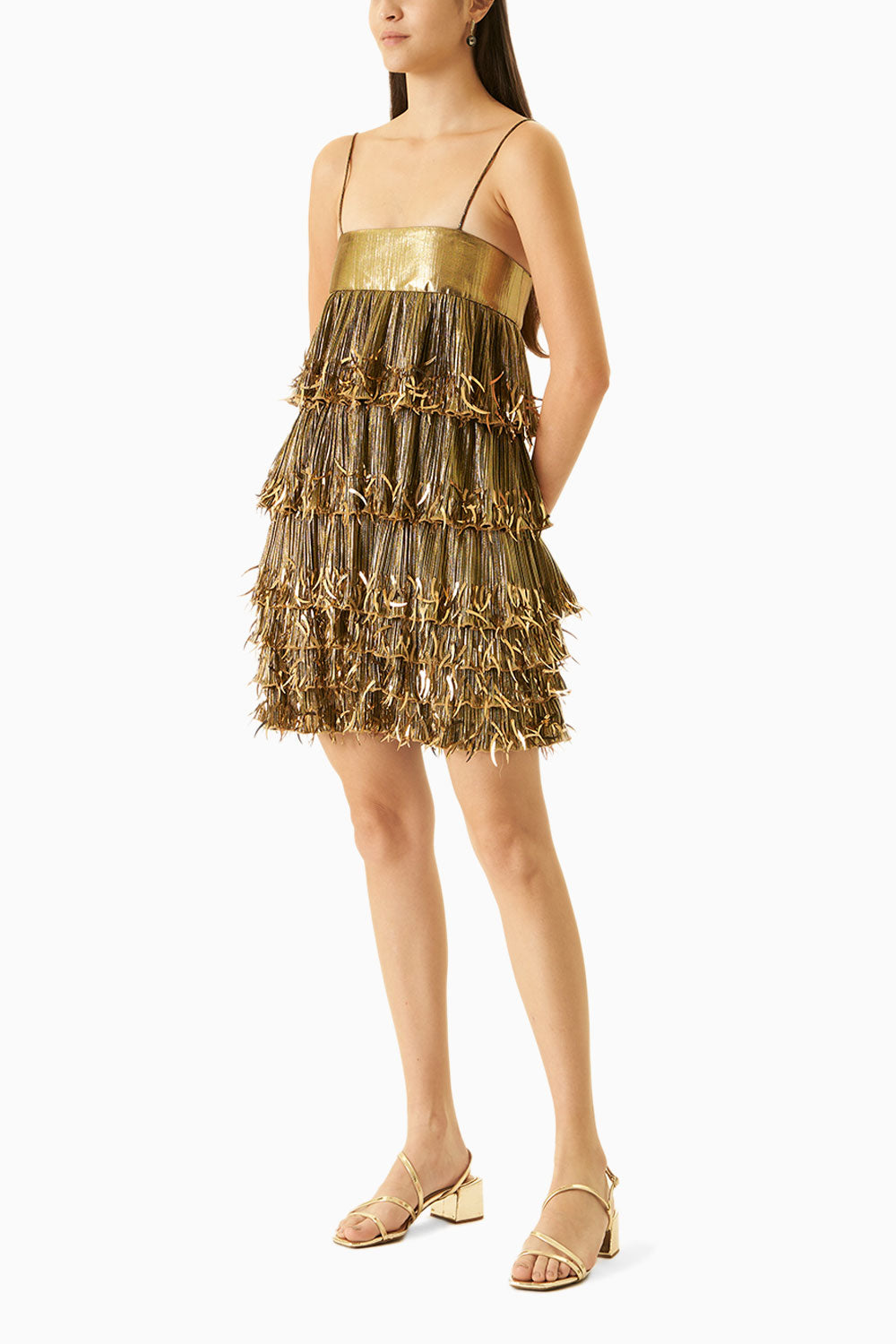 Gold Pleated Foil Dress With Embellishments
