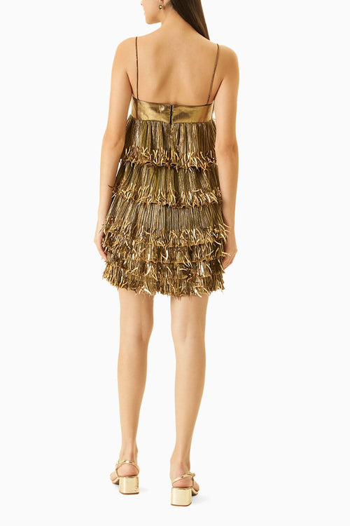 Gold Pleated Foil Dress With Embellishments