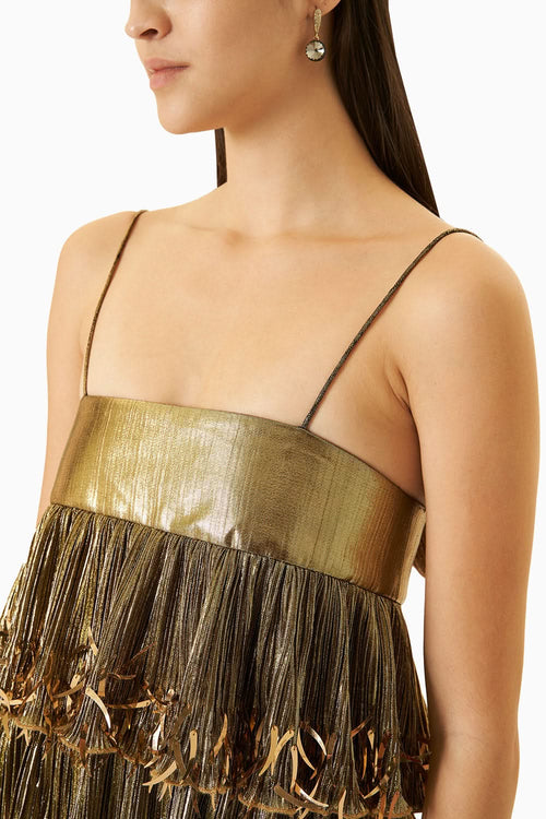 Gold Pleated Foil Dress With Embellishments