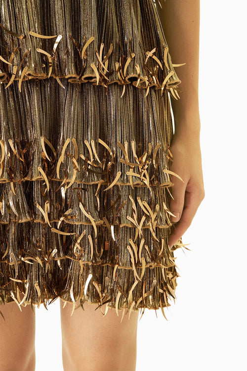 Gold Pleated Foil Dress With Embellishments
