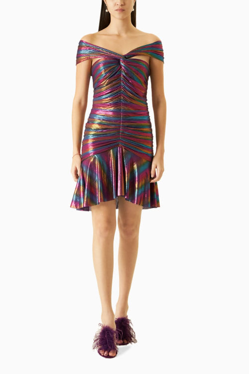 Purple Metallic Jersey Off-Shoulder Dress