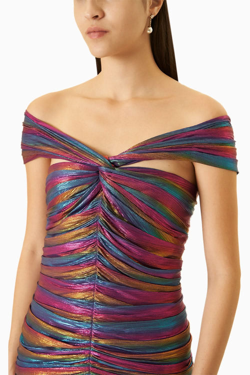 Purple Metallic Jersey Off-Shoulder Dress
