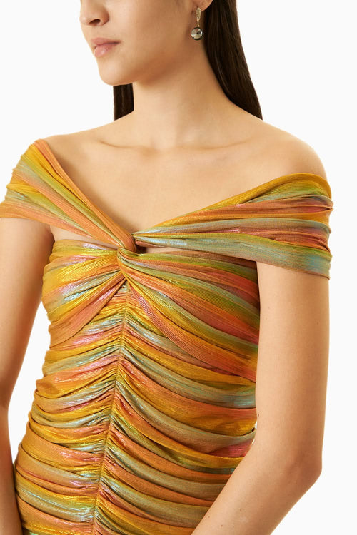 Yellow Metallic Jersey Off-Shoulder Dress