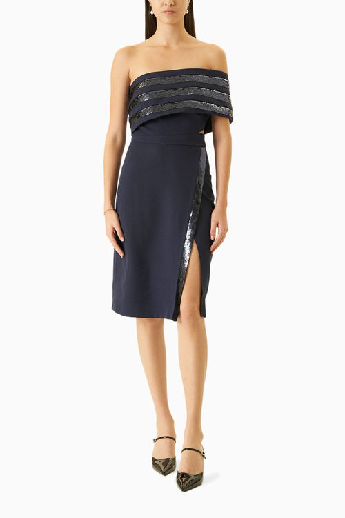 Midnight Blue One-Should Crepe Dress With Sequins