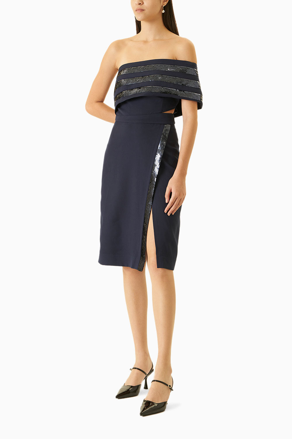 Midnight Blue One-Should Crepe Dress With Sequins