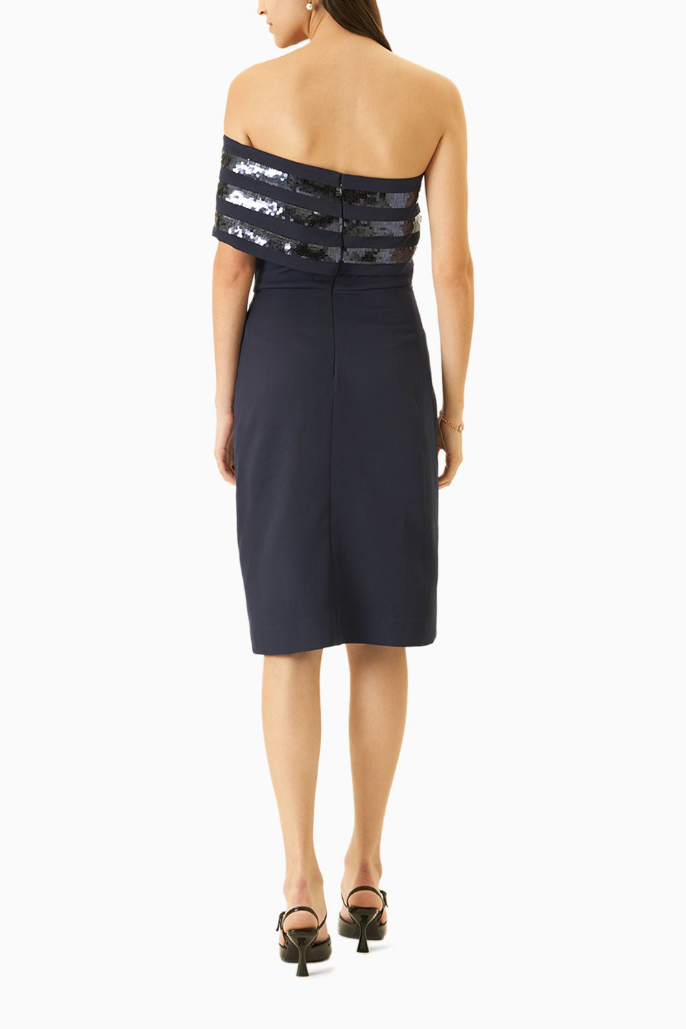 Midnight Blue One-Should Crepe Dress With Sequins