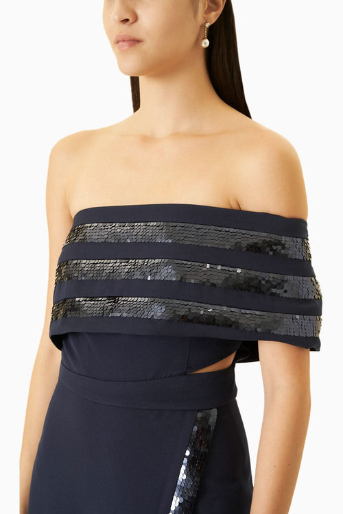 Midnight Blue One-Should Crepe Dress With Sequins