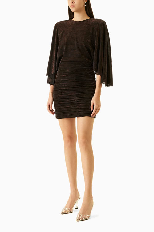 Brown Peacock Jersey Dress With Copper Embellishments