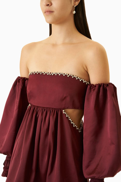 Maroon Satin Off-Shoulder Dress
