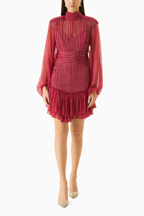 Pink Chiffon HIgh-Neck Studded Dress