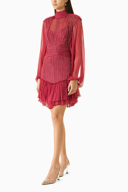 Pink Chiffon HIgh-Neck Studded Dress