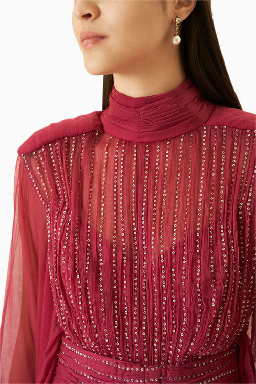 Pink Chiffon HIgh-Neck Studded Dress