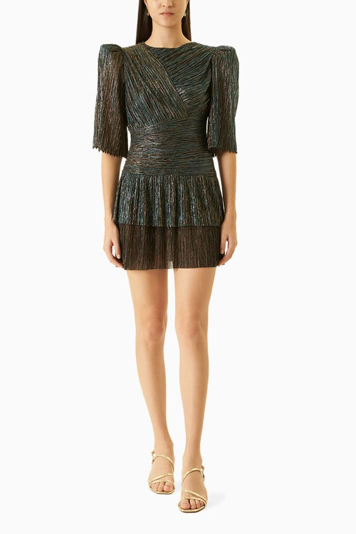 Blue Peacock Jersey Dress With Copper Embellishments