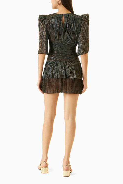 Blue Peacock Jersey Dress With Copper Embellishments