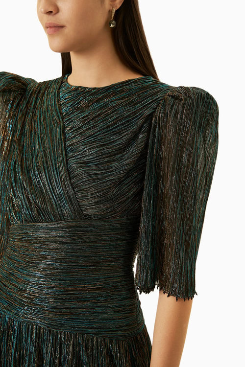 Blue Peacock Jersey Dress With Copper Embellishments