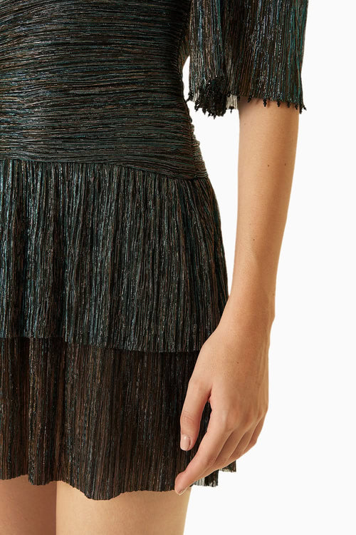 Blue Peacock Jersey Dress With Copper Embellishments
