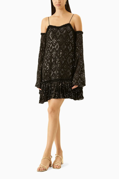 Black Embroidered Dress With Flared Sleeves