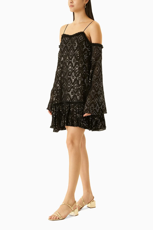 Black Embroidered Dress With Flared Sleeves