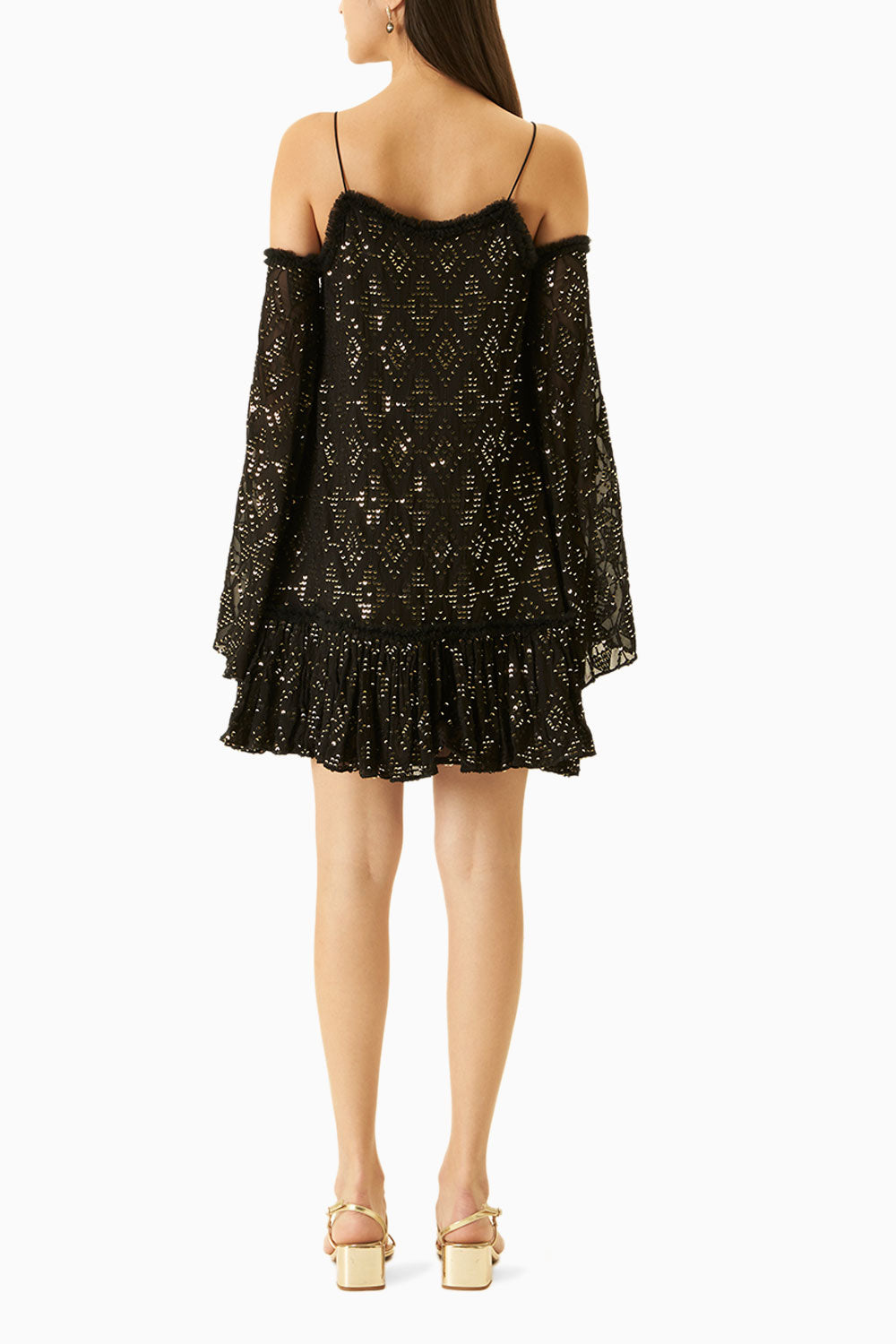Black Embroidered Dress With Flared Sleeves