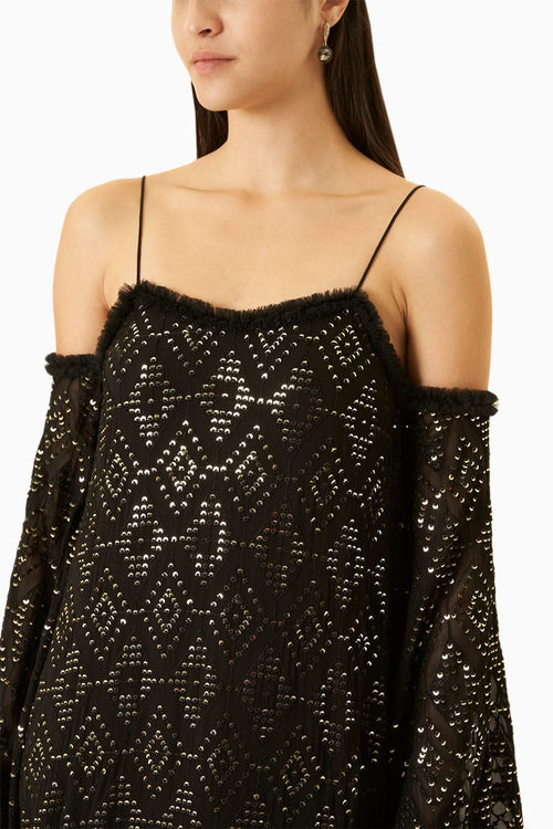 Black Embroidered Dress With Flared Sleeves