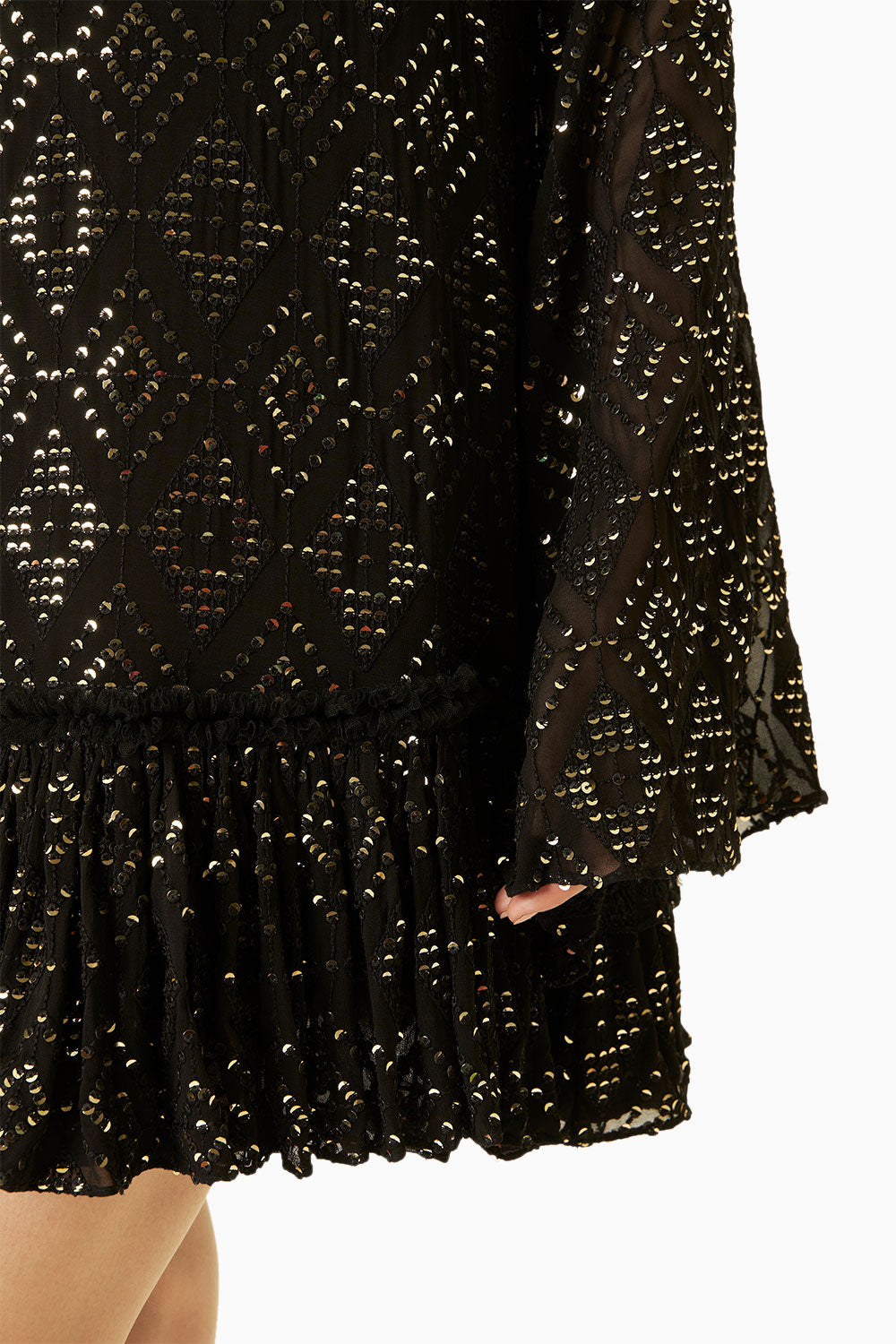 Black Embroidered Dress With Flared Sleeves