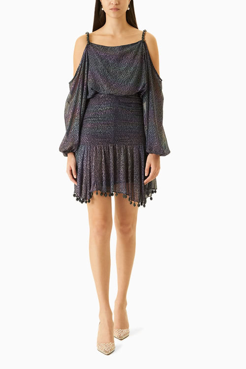 Blue Off-Shoulder Strappy Dress With Bead Embellishments