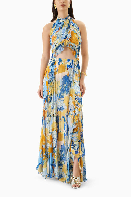 Chiffon Printed Halter Neck Long Dress
