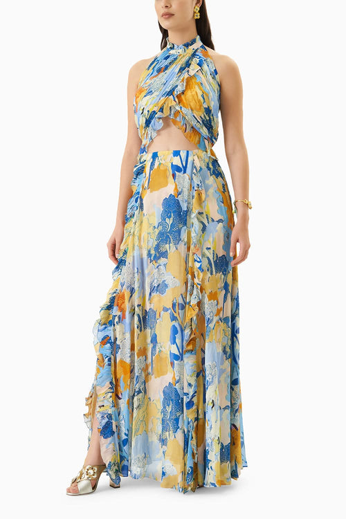Chiffon Printed Halter Neck Long Dress
