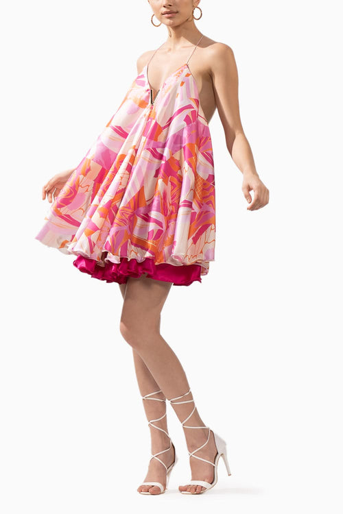 Pink Abstract Printed Satin Short Dress