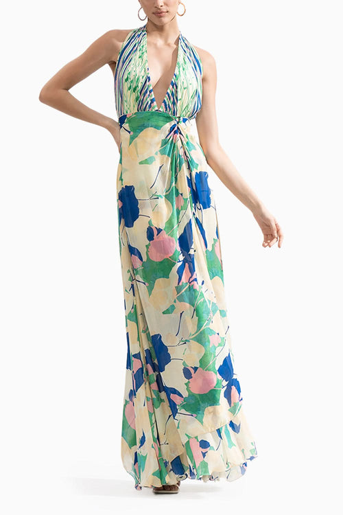 Mystic Green-Blue Draped Halter Neck Dress