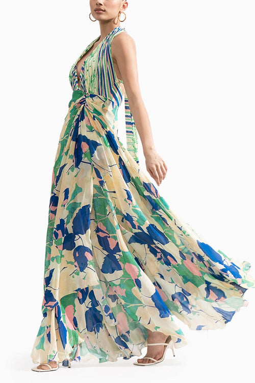 Mystic Green-Blue Draped Halter Neck Dress